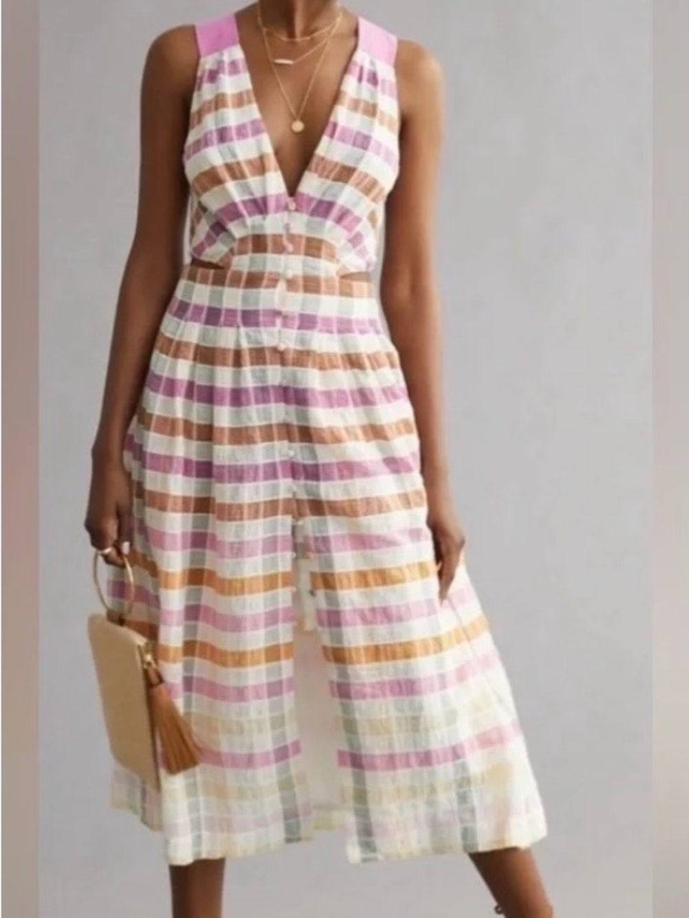 Maeve Striped V-Neck Midi Dress Pink, Tan & White Plaid Striped Casual Summer